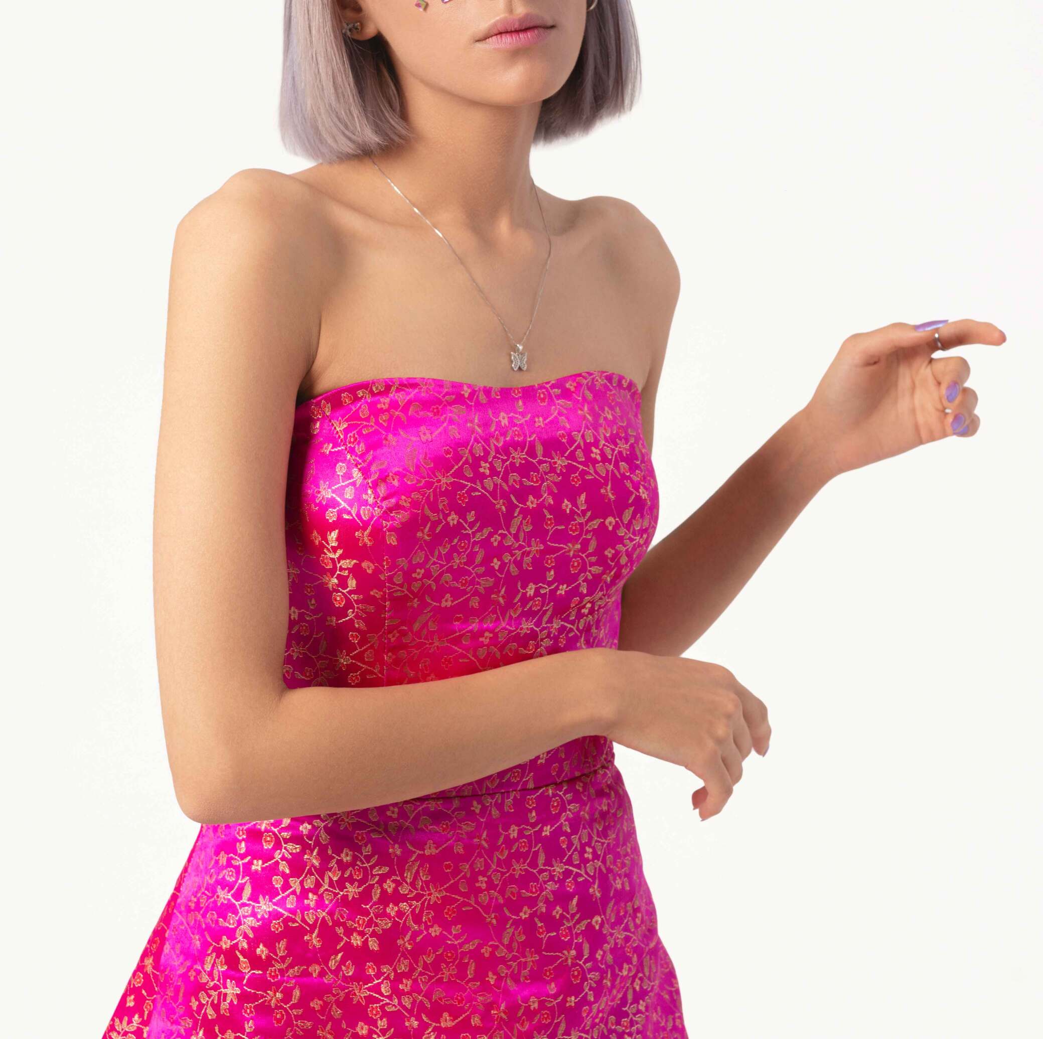 پیراهن کوتاه سرخابی|دخترانه|کفش پاشنه دار سرخابی